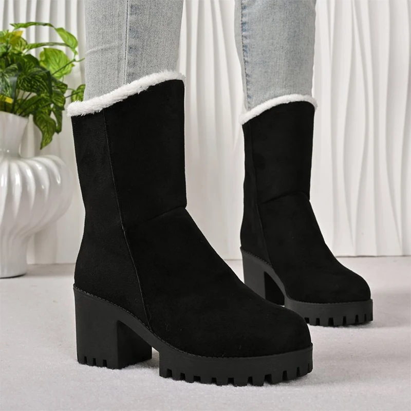 سميكة عالية الكعب الثلوج أحذية للنساء منصة صوف مبطن الدافئة حذاء من الجلد امرأة السببية جولة تو فو الجلد المدبوغ Zapatos Mujer #2