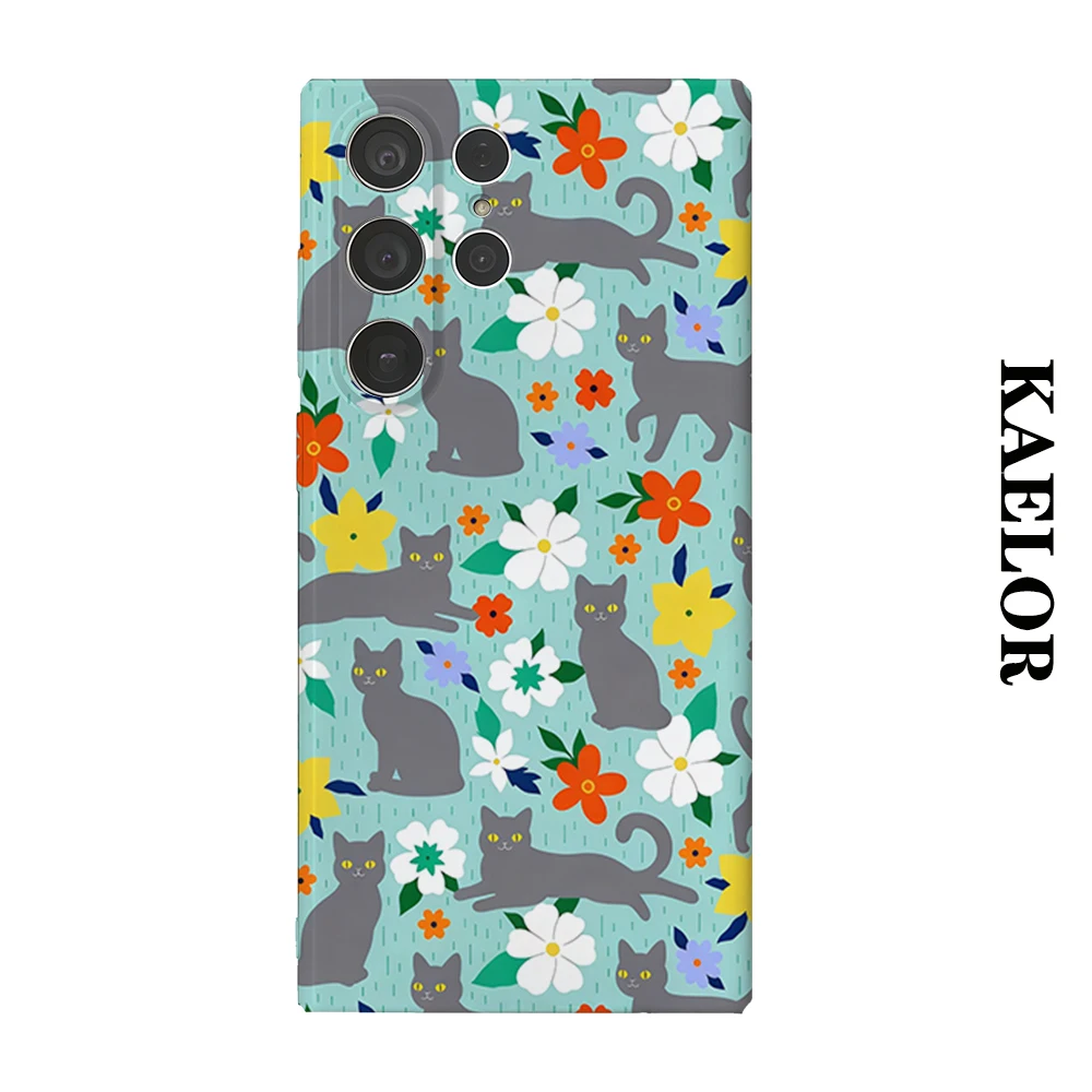 Gray Cat Floral Durable Shiny Double-layer Case for Samsung S26 Ultra S25 S24 S23 Plus Anti-drop Scratch Resistant Cover