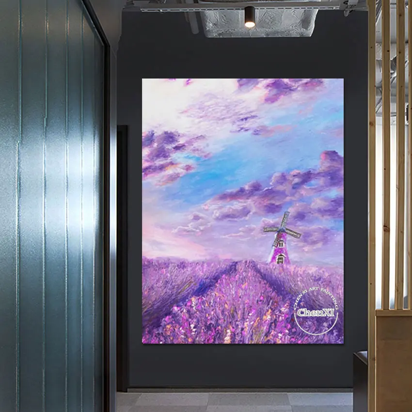 Hand-painted Dutch Windmill Garden Landscape Oil Painting Frameless Purple Acrylic Art Large Canvas Wall Picture Showpieces