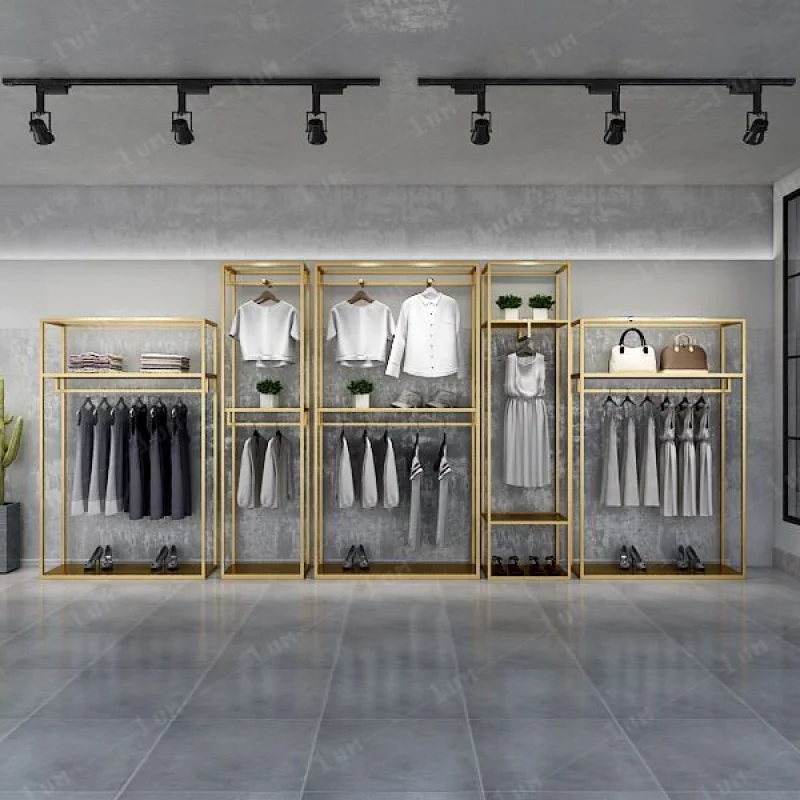 custom.Commercial Luxury Display Garment Rack Shelf Clothing Shiny Metal Boutique Clothing Rack for shops