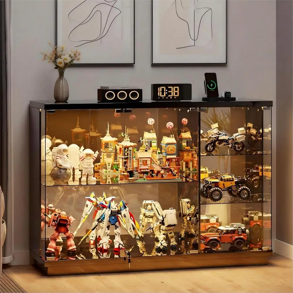 47.2 Wide Glass Display Cabinet with 3-Color LED, 5-Tier Lockable Curio, Human Body Sensor, Charging Station, Ideal for Collecti
