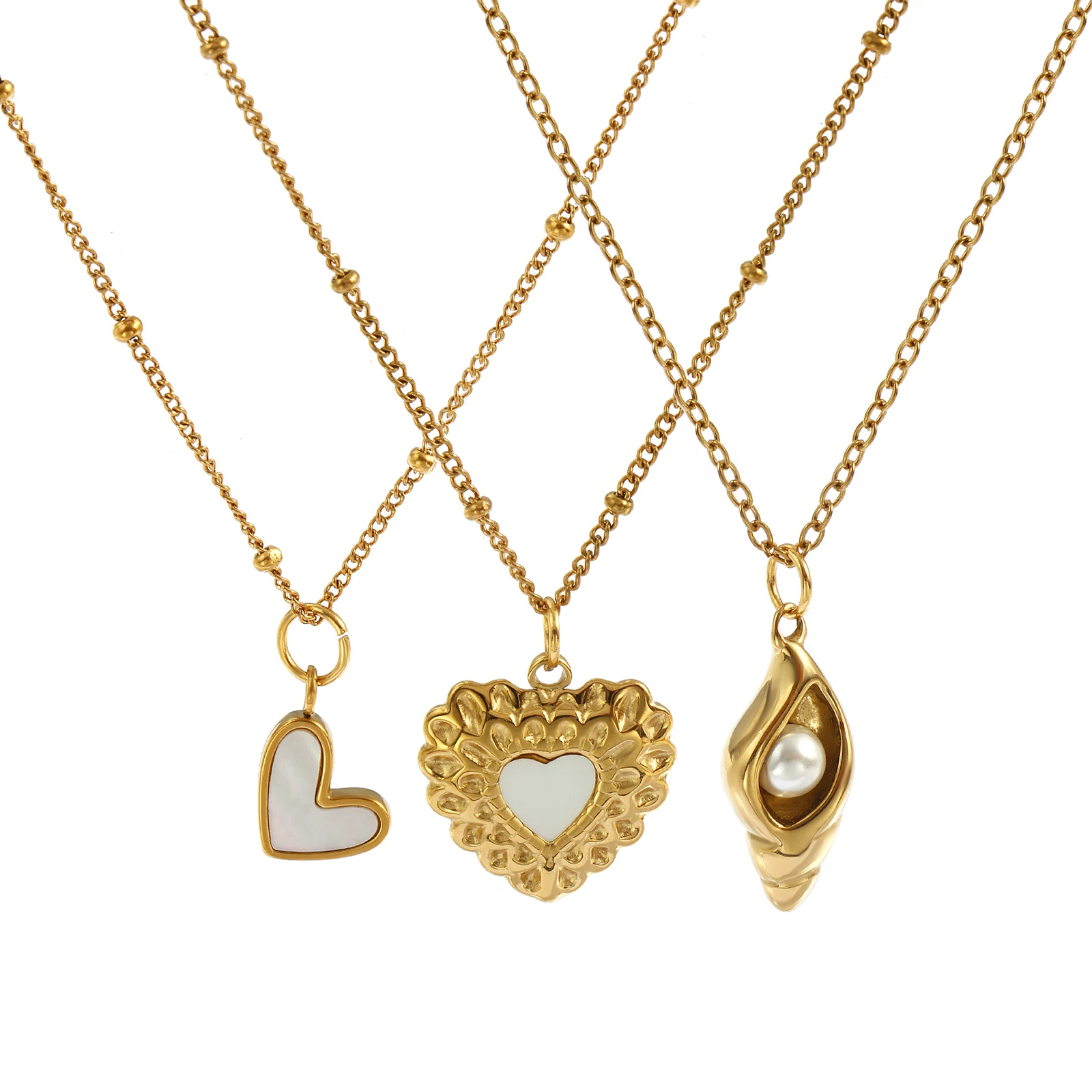 304 Stainless Steel Heart Conch Pendant Charm Necklace 18K Gold Plated Chain 45cm(17.7
