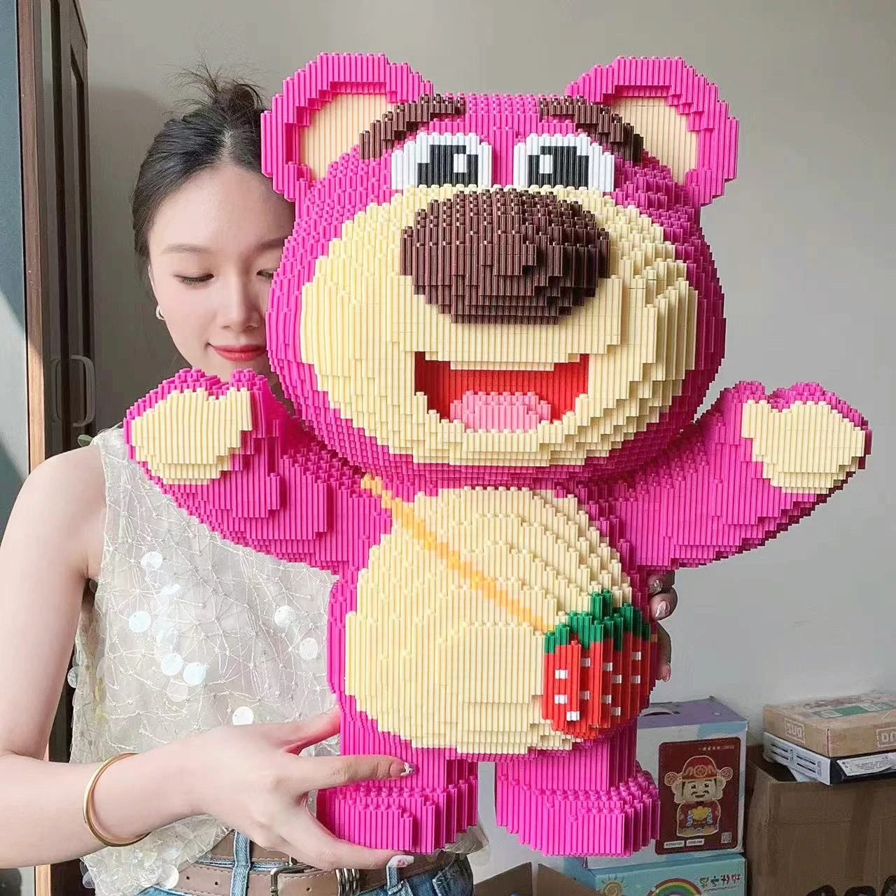 Disney-Extra Large Lotso Block Toy for Adults and Children, Cute Pet Bear, Love, Strawberry, DIY Gift, 45cm