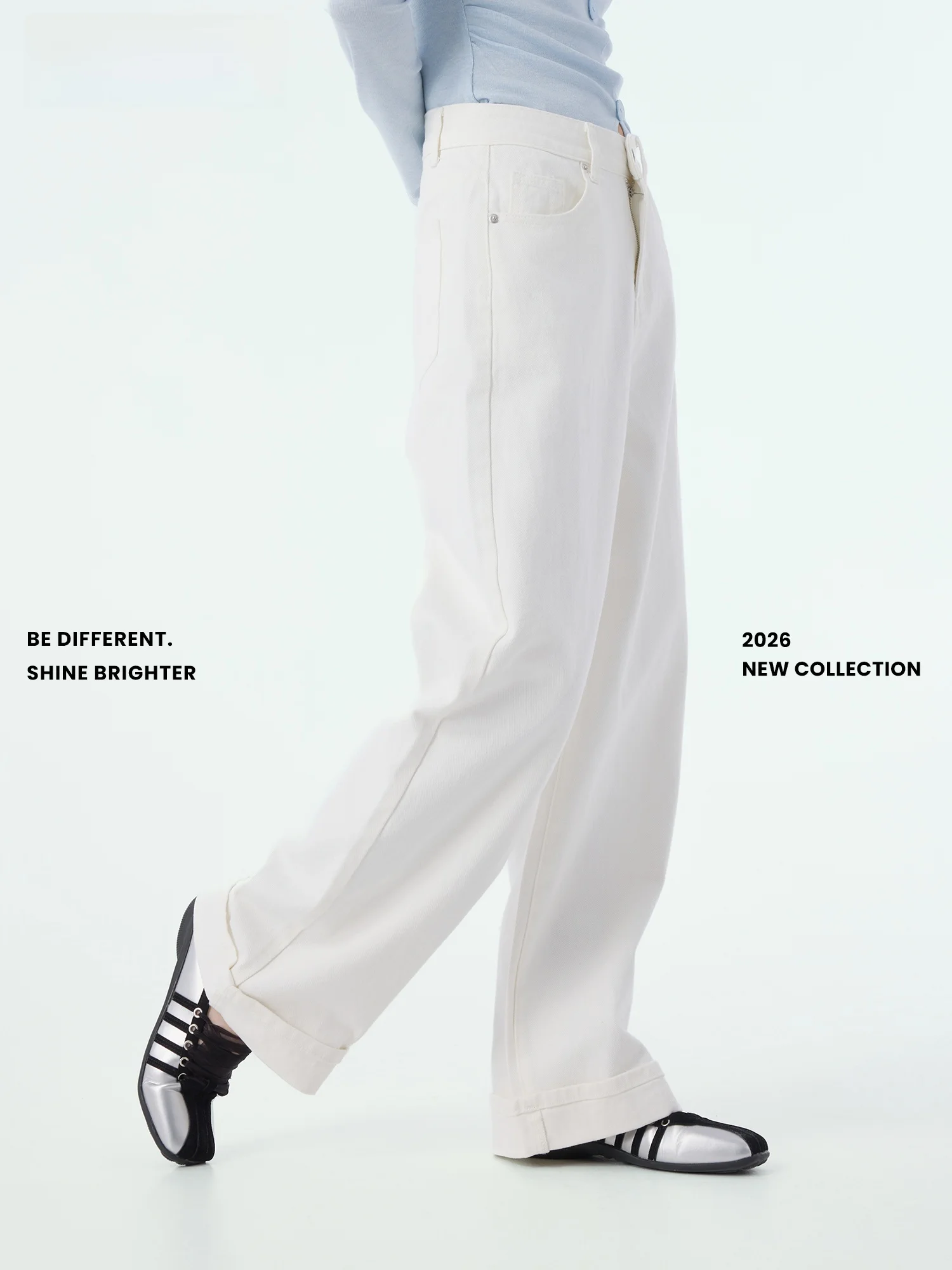 

Didimax Casual White Denim Jeans Women's Loose Fit Spring New Sle Turn up Cuff l Waist Cotton Pants