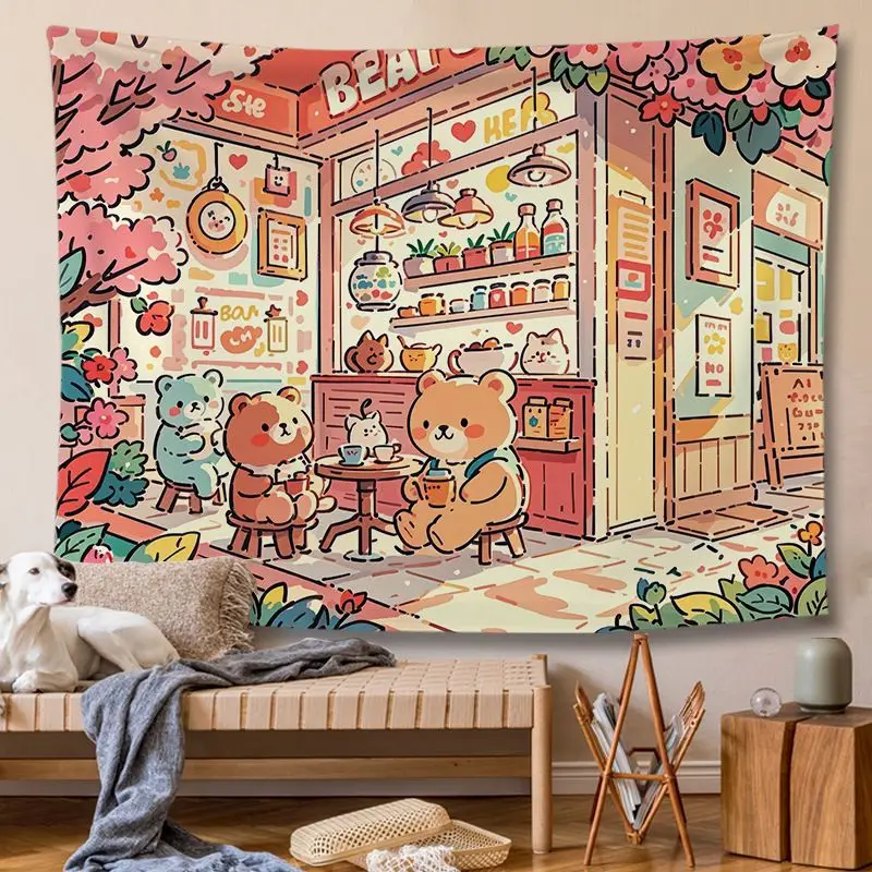 VIKAMA Sakura Bear Coffee Shop Tapestry Wall Hanging Home Decor for Bedroom Living Room Dorm Cartoon Cute Healing Shop