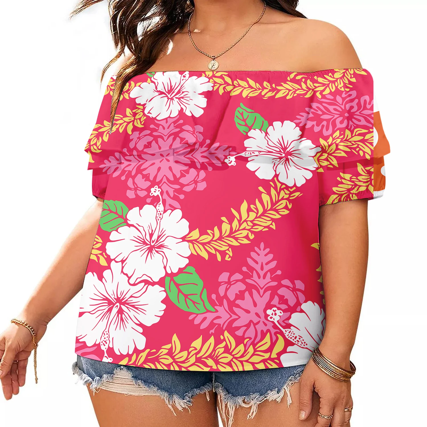 

Best Price Wholesale Custom Tonga Samoan Tribal Design Casual Off Shoulder Blouse Chiffon Women Tops Polynesian Ruffle Blouses