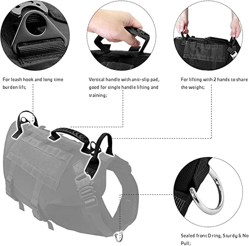 Tactical Dog Harness, Adjustable No-Pull Handle Service Vest Heavy Duty Pet Large Breed, Dog Vest for Training Hunting Walking