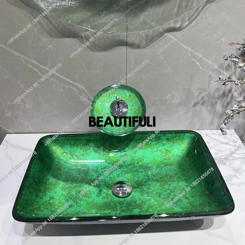 

RR Retro Green Tempered Glass Washbasin, Household Countertop Basin, Minimalist Art Basin, Creative Rectangular Washbasin, Round