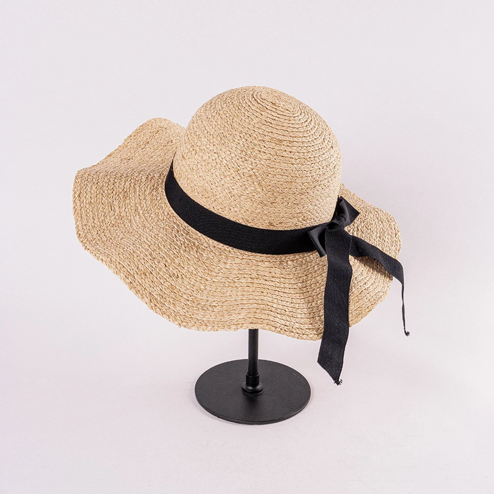 100% Raffia Straw Waved Brim Sun Hat Women Summer Straw Hat Floppy Straw Hat