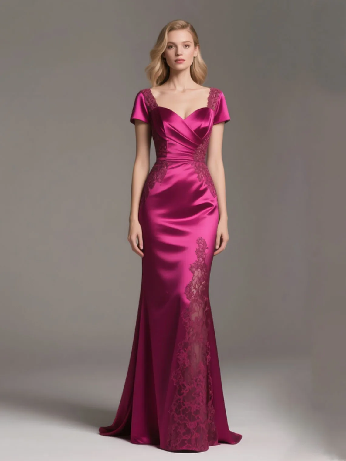 

Sexy Mermaid V Neck Satin Evening Dress Vintage Short Sleeves Lace Appliques Sweep Train Formal Prom Gown 2025 Free Customized