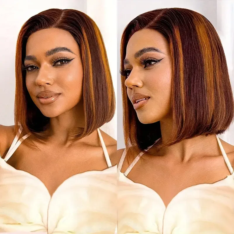 13x4 Brown Ginger Orange Colored Lace Front Human Hair Wig Short Straight Bob Cut Wig Natural Hairline With Baby Hair(10-16inch)