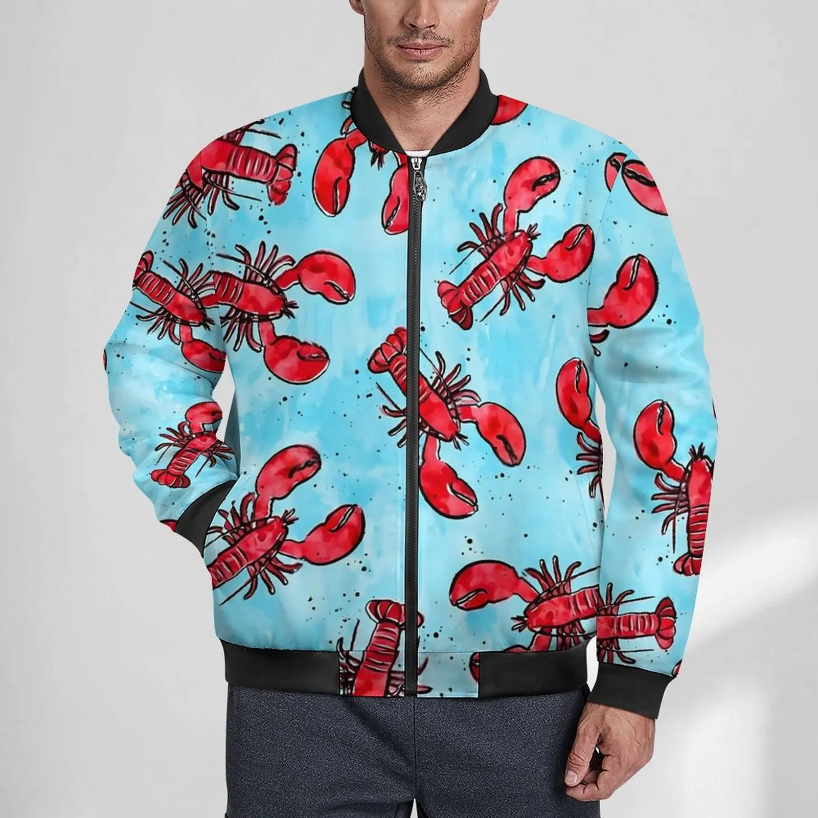 

Red Lobsters Jackets Animal Print Zipper Autumn Coats Male Aesthetic Casual Jacket Custom Loose Big Size Windbreak Gift