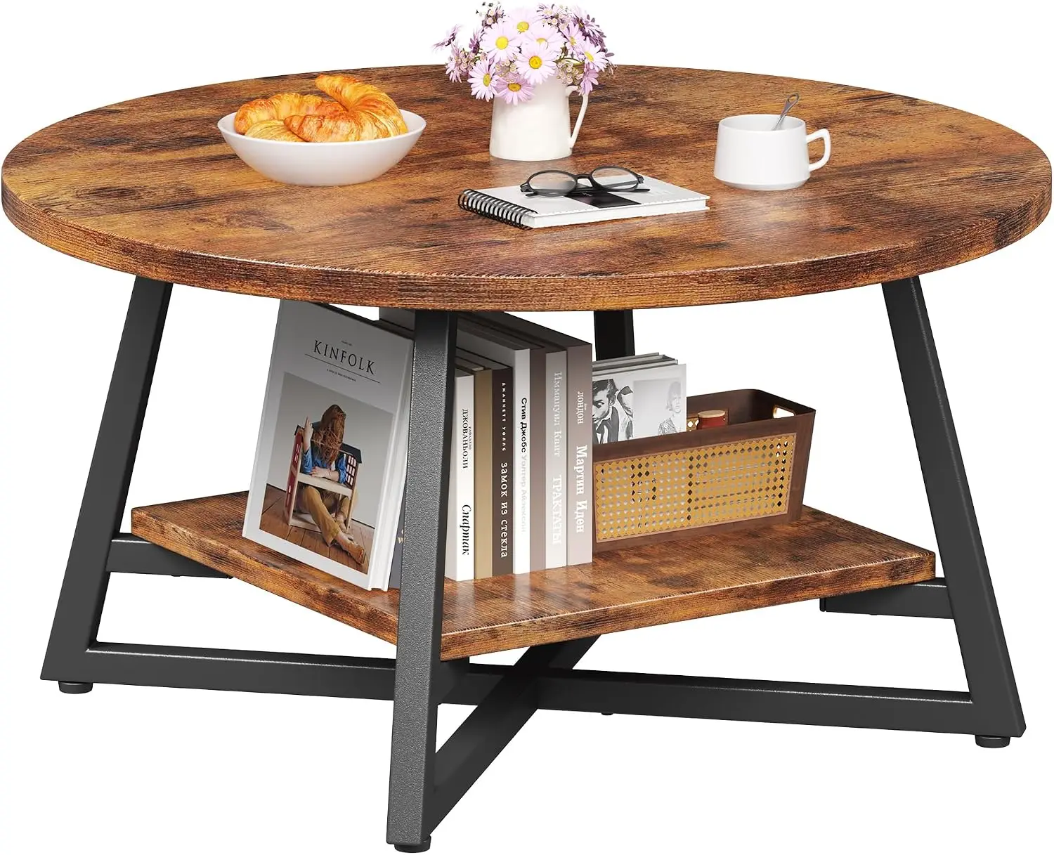 Round Coffee Table, Modern Circle Accent Center Table, Living Room Storage Organizer Rack, Compact Home Office Furniture, Sturdy Wooden Structure, Easy Assembly, Rustic Brown, 1 Piece