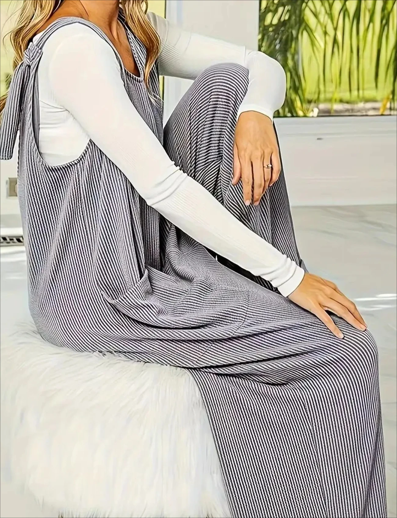 Mono sin mangas con cuello en V de color sólido para mujer, informal, suelto, pierna recta, pierna ancha