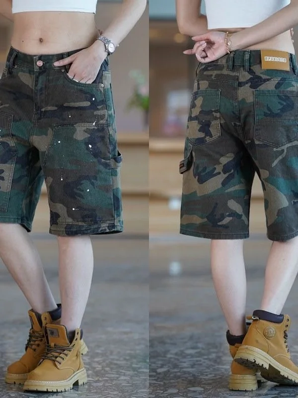Camouflage Denim Shorts Men's American Retro Summer Loose Outdoor Workwear Pants Trendy Casual Five-Quarter Length