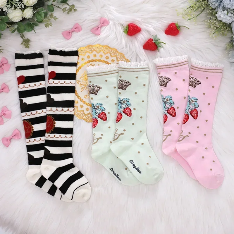 Shirley Temple Girls Socks Princess Wind Cartoon Strawberry Love Heart Stripe Stockings Baby Socks 2 Pairs