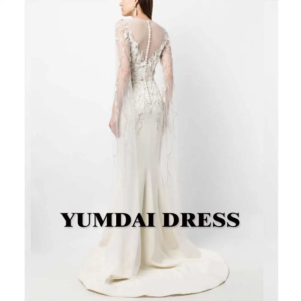 YUMDI Scallop Neckline Beaded Embroidery Lace Dance Cocktail Formal Dress Women's Beige Wedding Dress Bride Beach Fishtail Dress