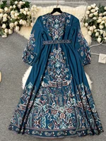 Spring Autumn plus Size New Vintage Print Elegant Holiday Style Dress Middle East Robe Ethnic Long Sleeve V-Neck Belted Commute - Image 3