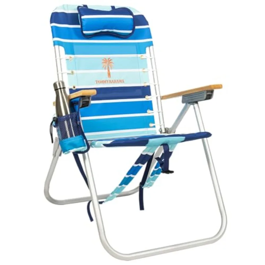 

Beach backpack chair with 17-inch seat height, 4-position lace-up suspension, folding design, durable polyester fabric, navy bl