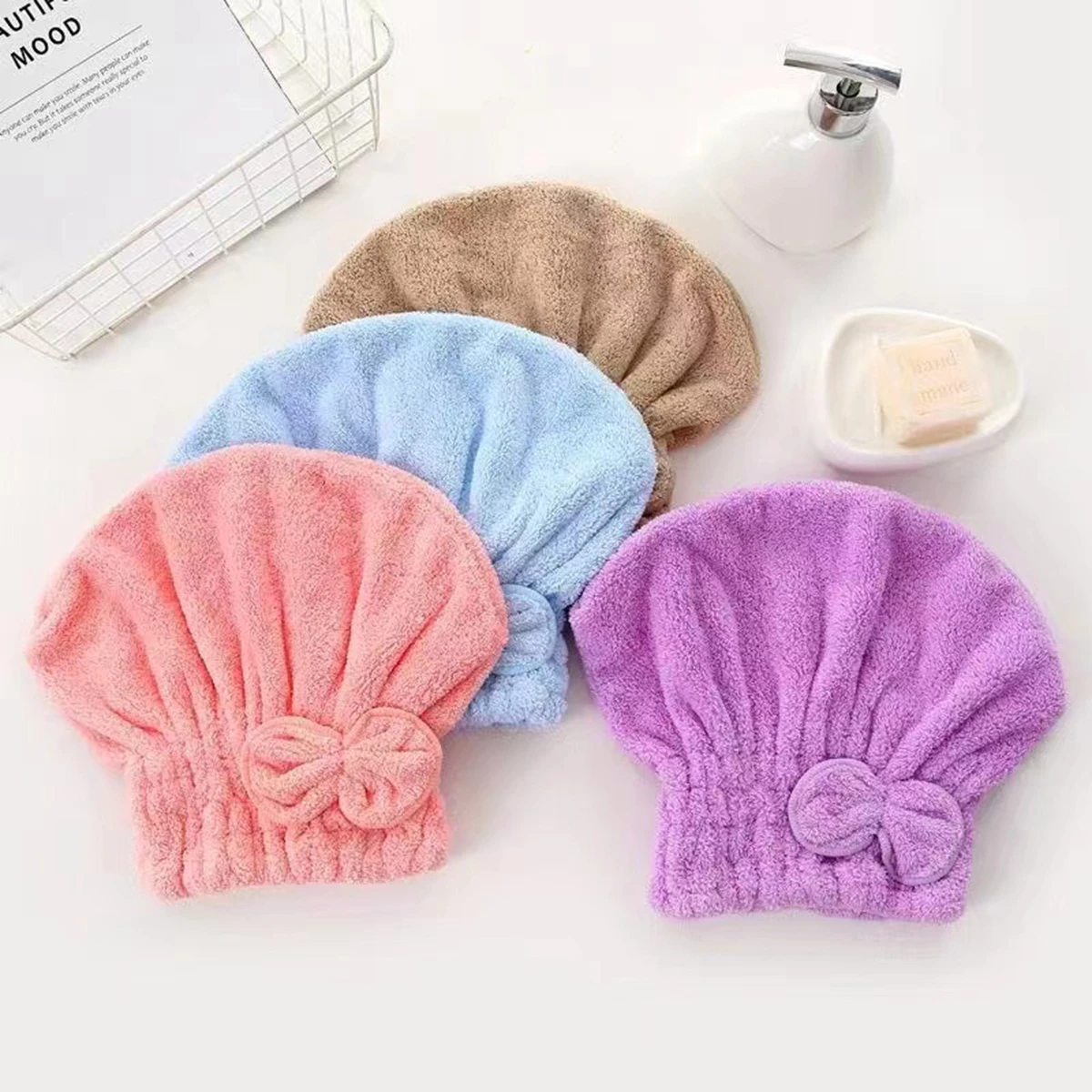 1Pc Microfiber Hair Drying Towels Head Wrap with Bow-Knot Shower Cap Hair Turban HairWrap Bath Cap for Curly Long Wet Hair Gift