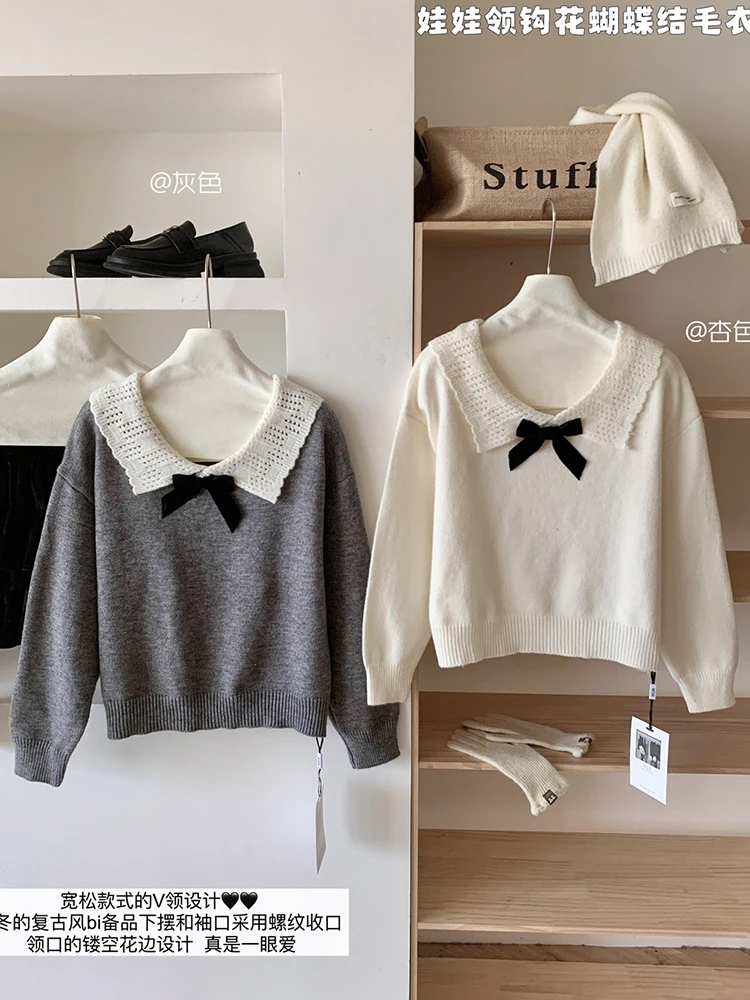 ผู้หญิงฤดูหนาวภาษาฝรั่งเศสคํา Vintage เงินเก่าแขนยาวเสื้อถัก 2000s Aesthetic Cozy Cuddly Bow Mori สาว Cuddly เสื้อกันหนาว