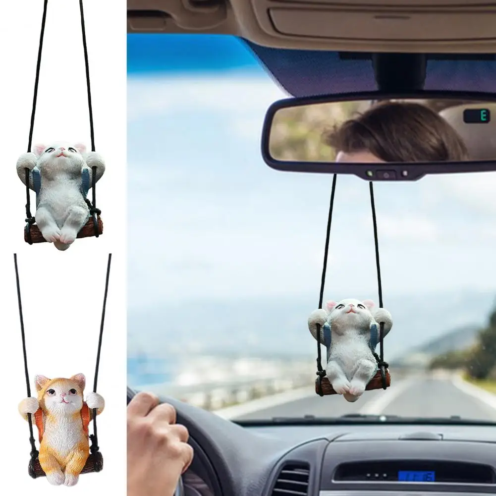 Durable Resin Car Pendant Resin Cat Pendant Ornament Swinging Kitten Figurine Decoration Adjustable Lanyard Car Rearview Mirror
