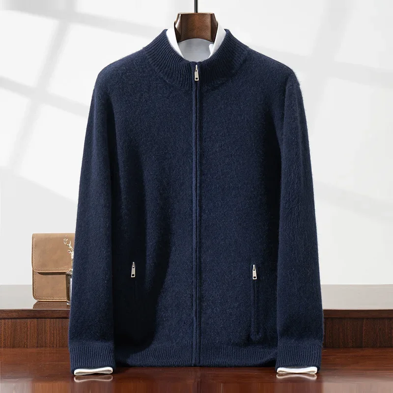 Tcyeek Heavyweight Men's 100% Cashmere Cardigan Coat Zipper Mock Neck Cashmere Sweater Autumn Winter Smart Casual Style Clothes