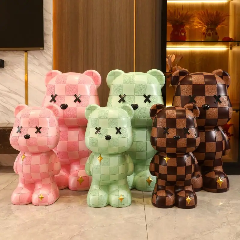 Creative Modern Checkered Bear Piggy Bank, Floor-standing Multi-functional Ornament & Decor for Living Room
