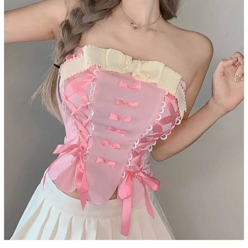 

Утягивающий топ без рукавов с клубничным бантом для милых девочек, уменьшающий возраст, облегающие шорты на шнуровке в стиле ретро