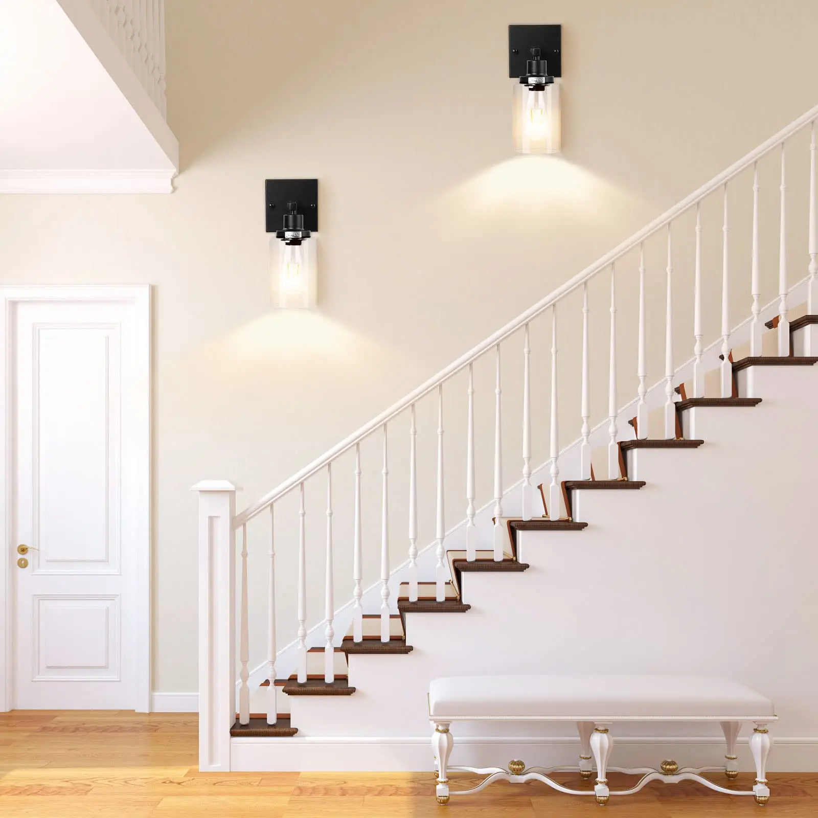 Banheiro Vanity Light Wall Sconces Conjunto de duas luminárias, Iluminação de parede de metal com sombra de vidro transparente para espelho da sala