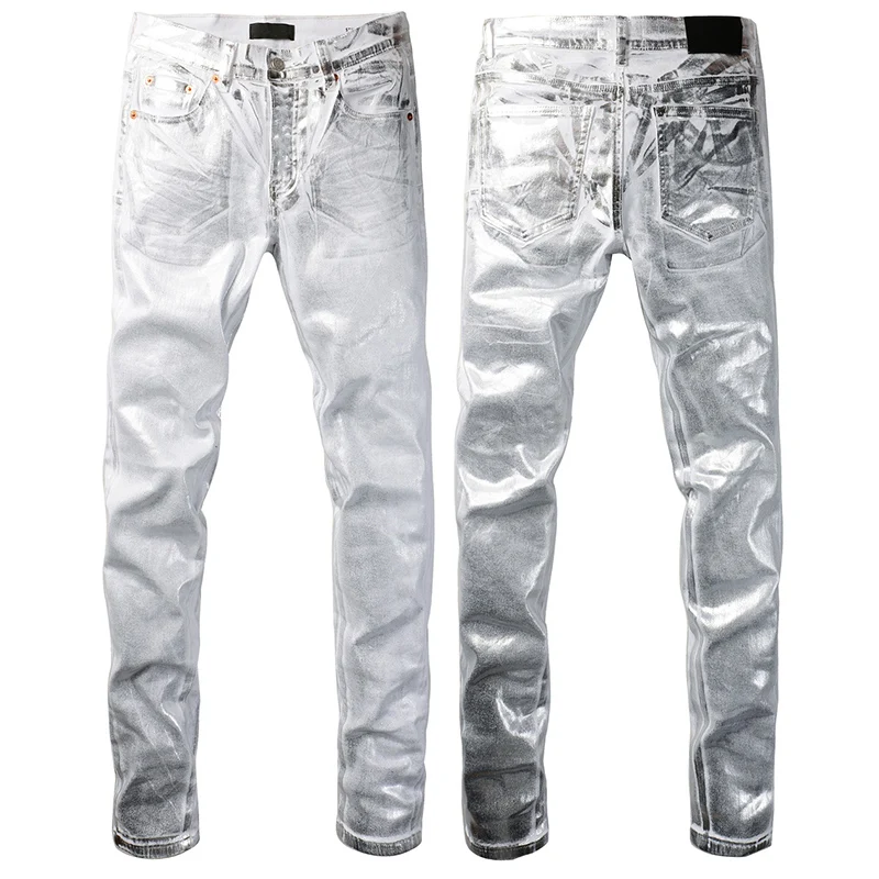 

European American Trend Brand Jeans Silver Layer Slim-fitting and Personalized Jeans Men High Street Straight Pants