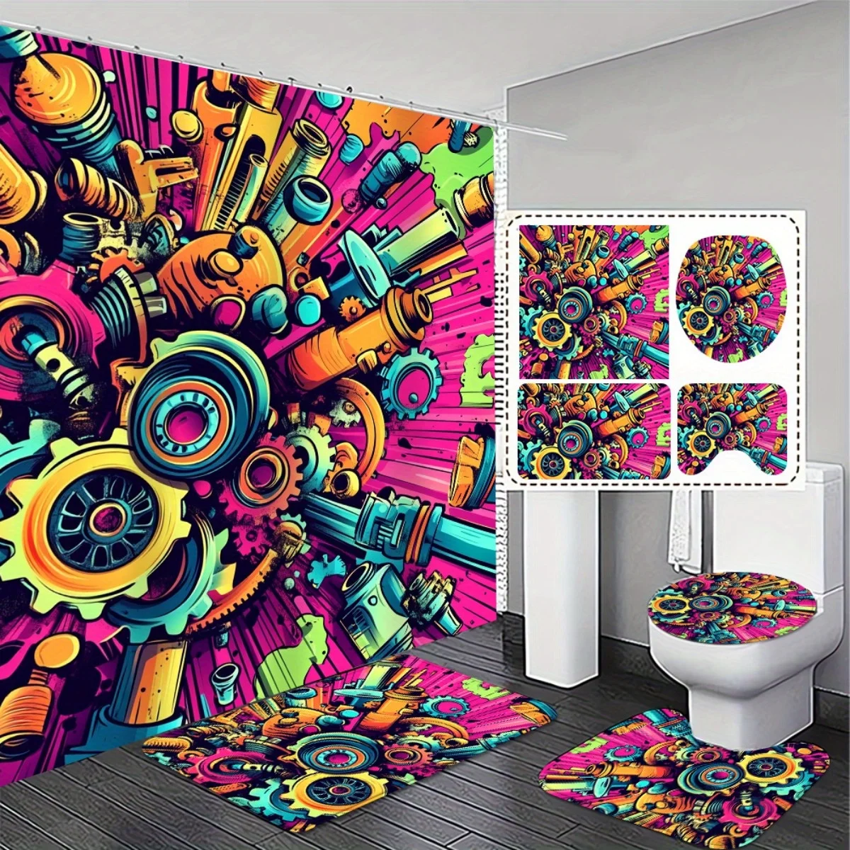 

4pcs Colorful and vibrant Colorful High Quality Shower Curtain and Non-Slip Bath Mat Set - Durable and Absorbent Bathroom