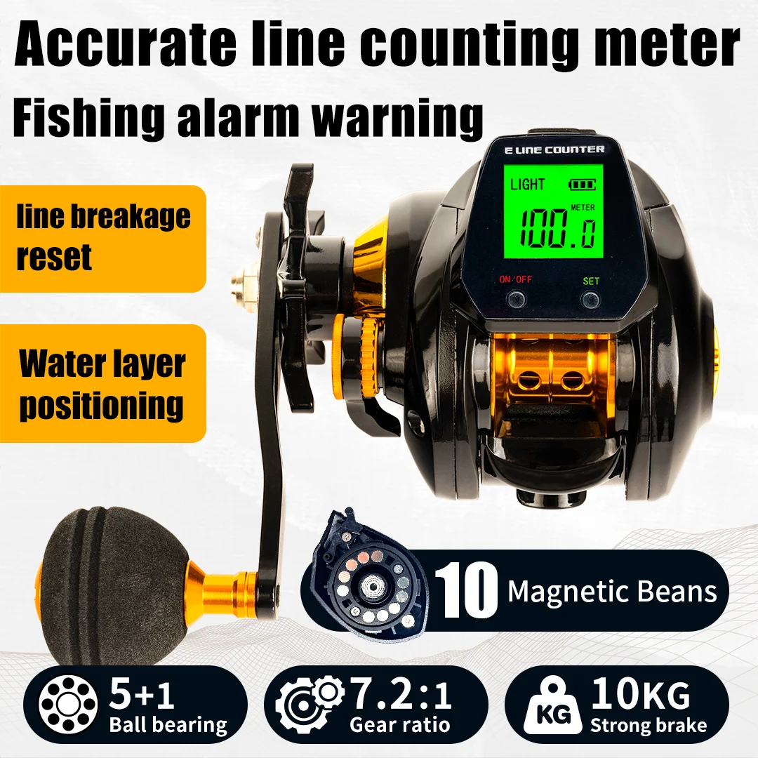 10kg high capacity saltwater fishing wheel large LED screen 7.2:1 high speed gear ratio combined alarm electronic counting reel