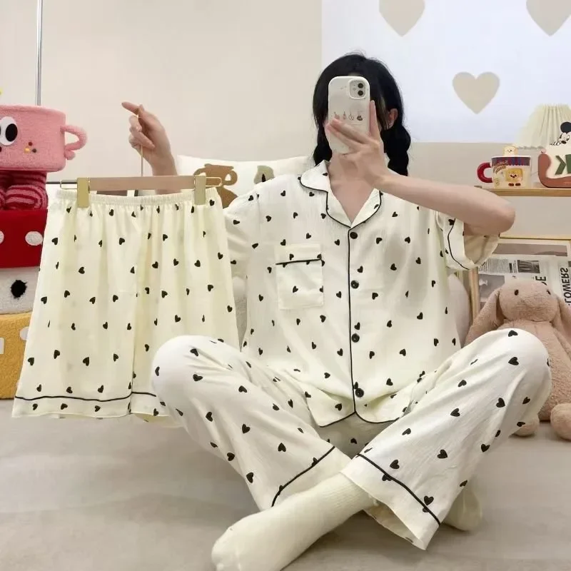 Dreiteiliges Damen Sommer Pyjama Set Kurzarm Shorts Lange Hose Damen Loungewear Cartoon Mädchen Locker Sitzende Pyjamas Frauen Hauskleidung