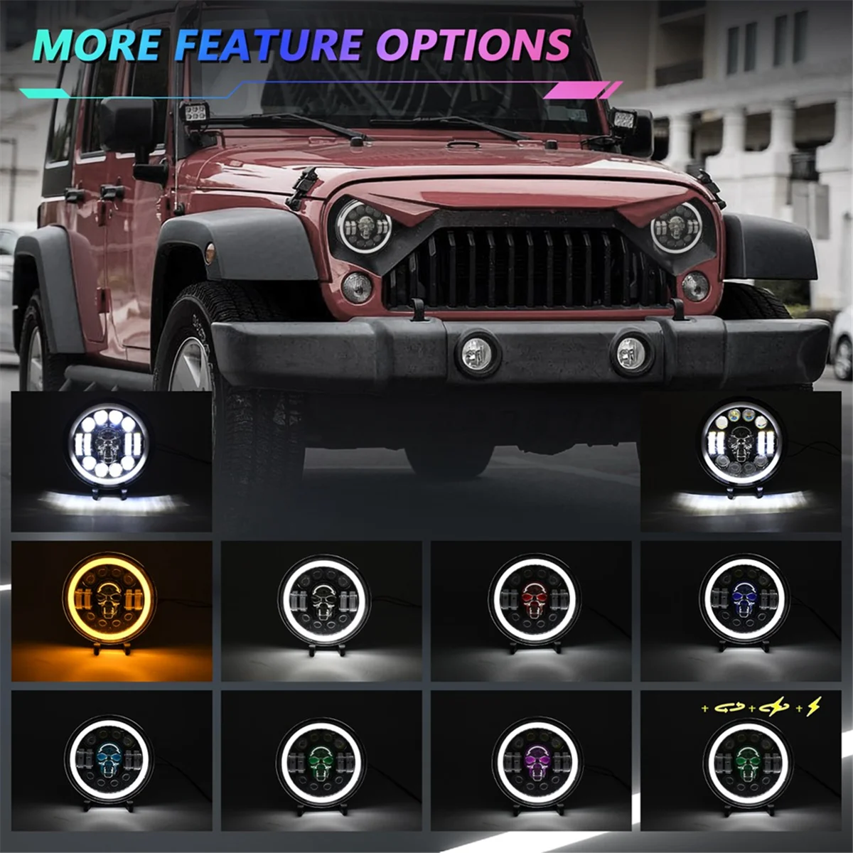 الجمجمة مصباح LED مستدير ، 7 بوصة LED رئيس ضوء مصباح الطرق الوعرة ضوء زاوية عيون ل جيب رانجلر JK TJ LJ CJ Hummber H1 H2