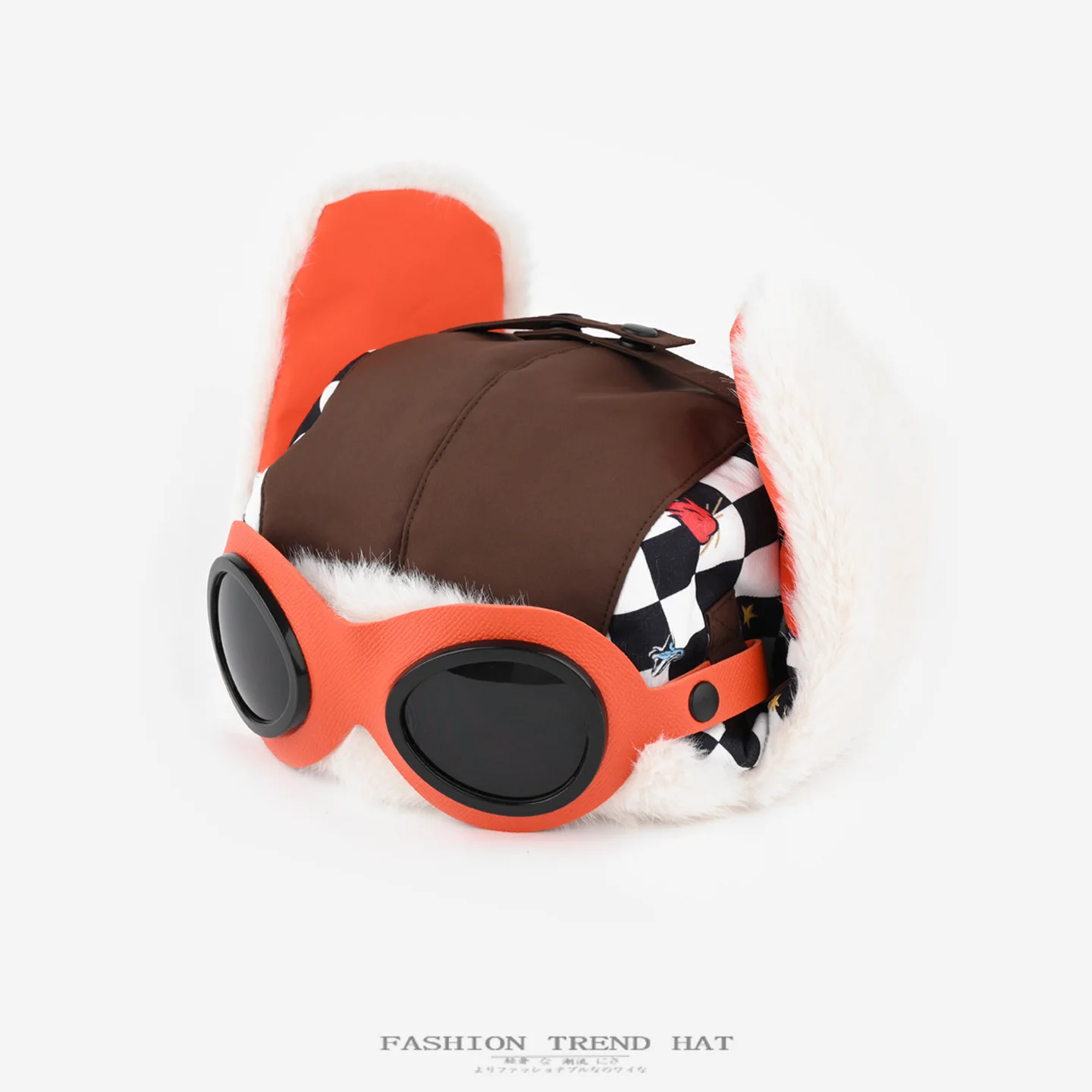Checkered Pilot Trapper Hat With Goggles Faux Fur Lined Winter Earflap Hat Fashion Color Block Warm Trooper Cap