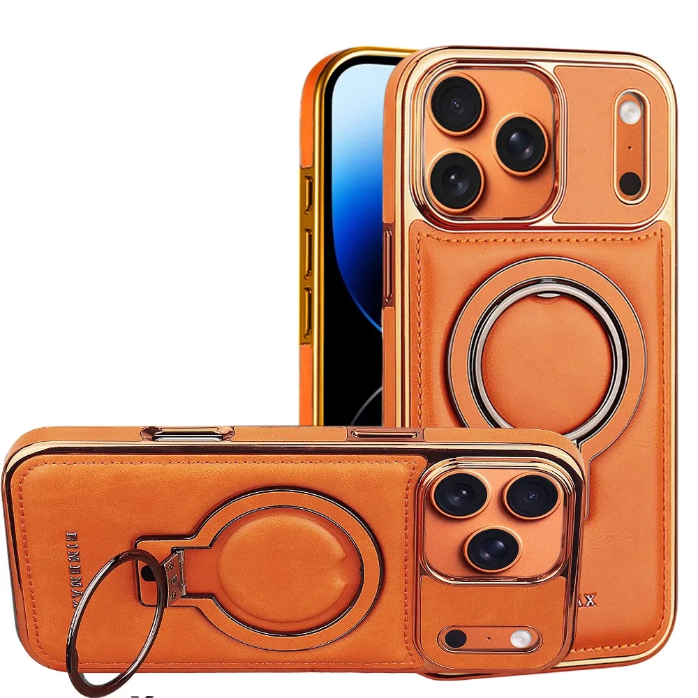 Solid Color Leather Magnetic Charging Phone Case for iPhone 18 17 16 15 14 Plus 13 12 Pro Max with Back 180° Rotatable Holder