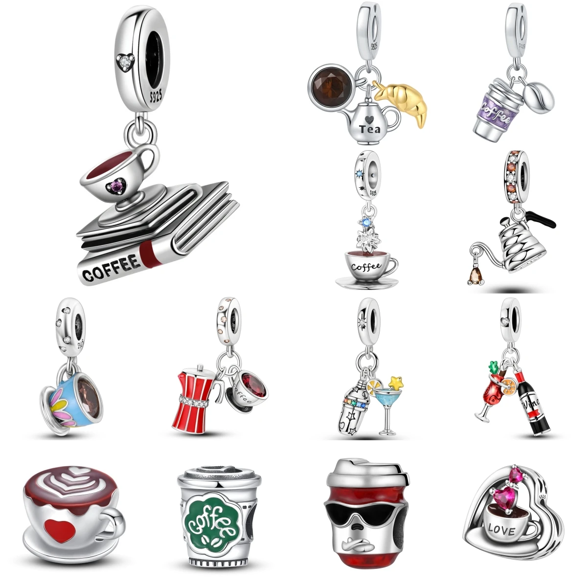 925 Sterling Silver Coffee Book Pendants Bracelet Charms Fit Women Jewelry Party Beads DIY Fine Gifts Accessories
