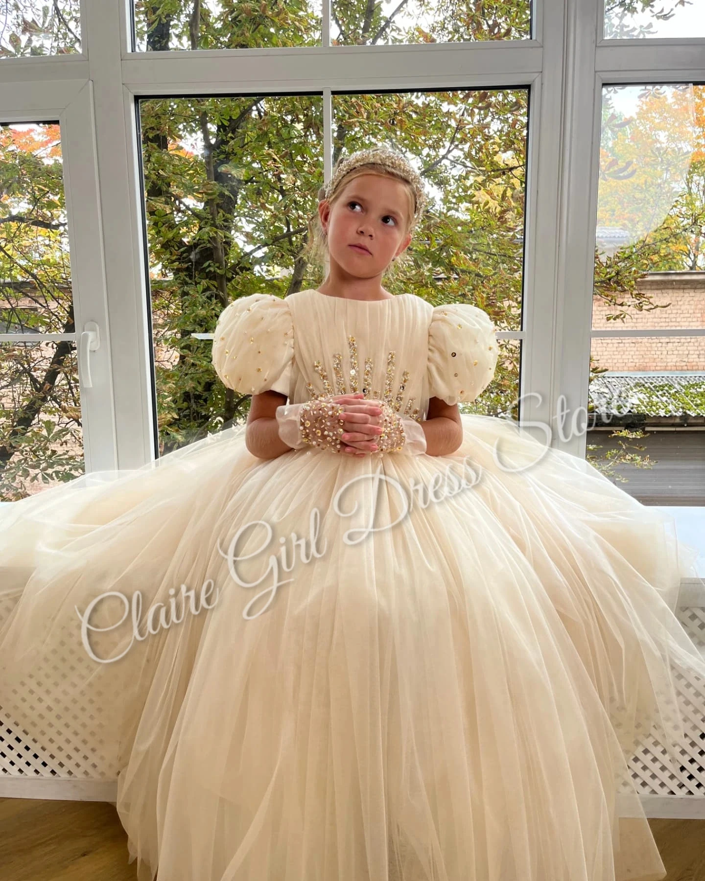 

Customized Champagne Flower Girl Dress For Wedding Puffy Shining Beaded Kid Birthday Party Princess First Communion Ball Gown