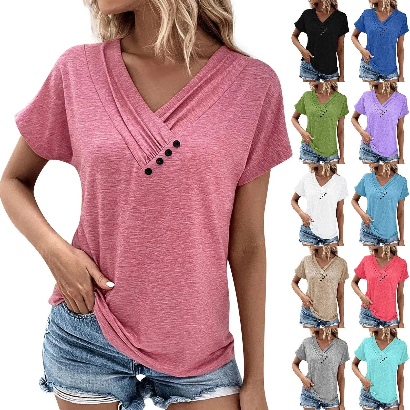 Fashion Women T Shirt Solid Color V Neck Short Sleeve Basic Tops Tee Streetwear Summer Oversized Clothing Female T-Shirts