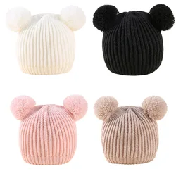 New Cool Autumn Winter Warm Cute Baby Hat Cap Double Pompom Kids Kawaii Knitted Beanies Hat Cap For Boy Girl 1-3 Years Old