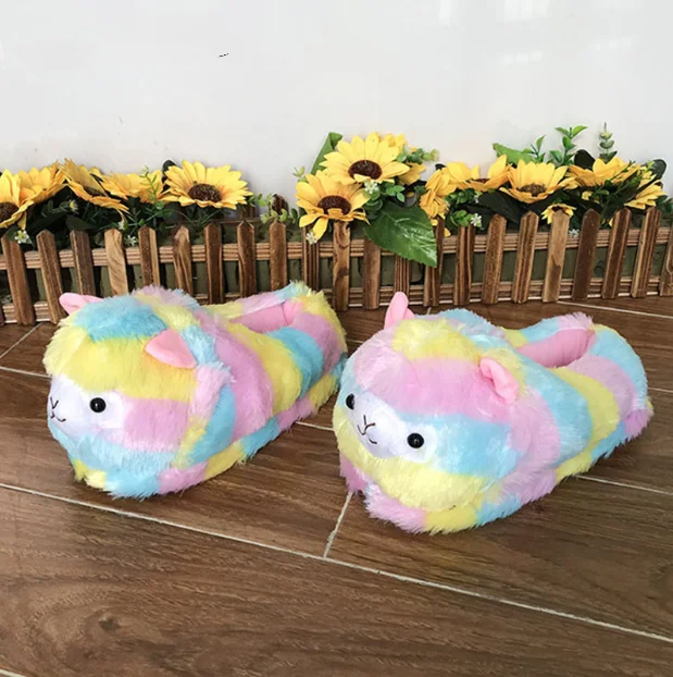 2021 Cute Colorful Alpaca Fur Slippers Women's Home Indoor Slippers Warm Winter Cotton Shoes Non Slip House Bedroom Shoes