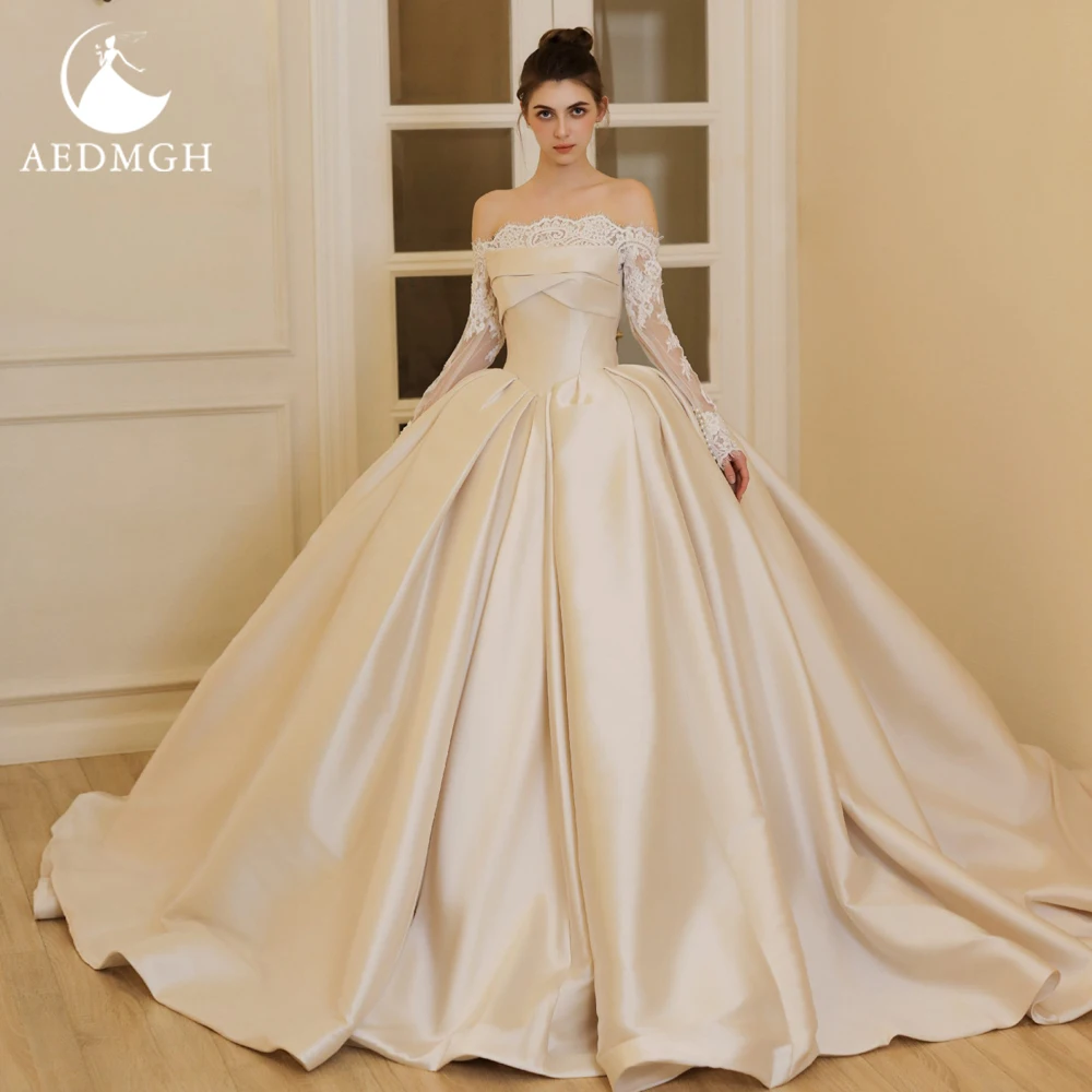 Aedmgh A-Line Delicate Wedding Dresses Off The Shoulder Vestido De Novia Lace Matte Satin Princess Custom Made Bridal Gown