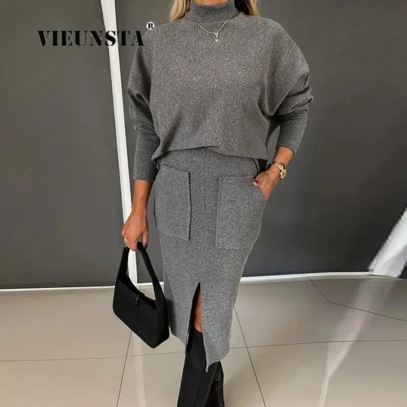 Chic Commute Office Outfits Lady Solid Turtleneck Top And Slim Slit Pocket Suits Elegant Women Knitted Skirt Two Piece Set