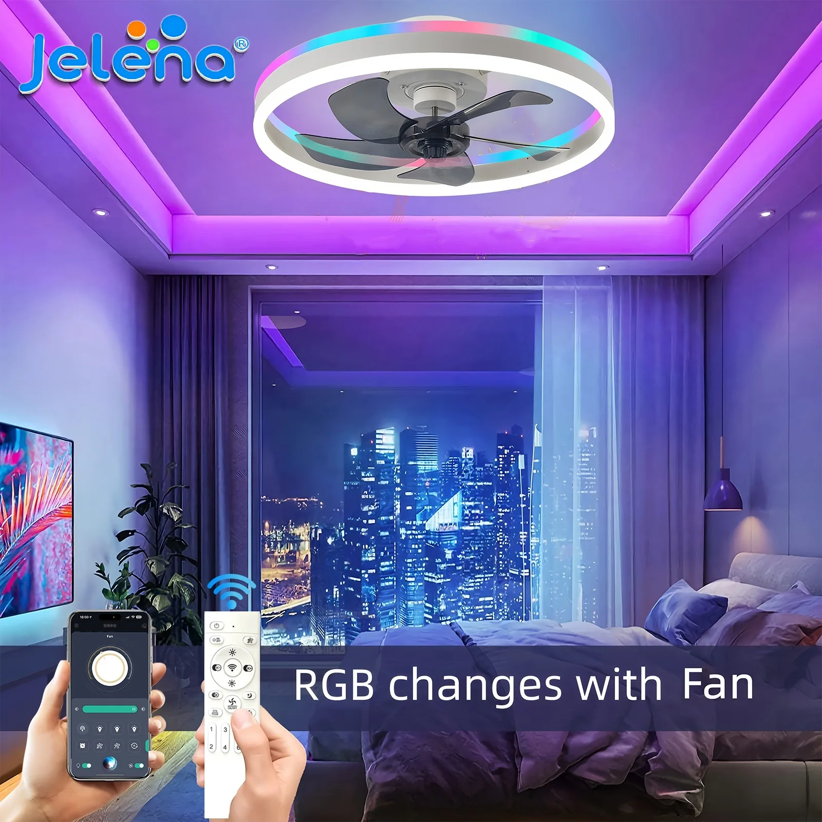 Ventilateur de plafond LED RGB Jelena avec lumière 50CM, télécommande APP, intensité réglable, ventilateur électrique moderne avec lumière pour chambre à coucher, salon, hôtel, ambiance LED