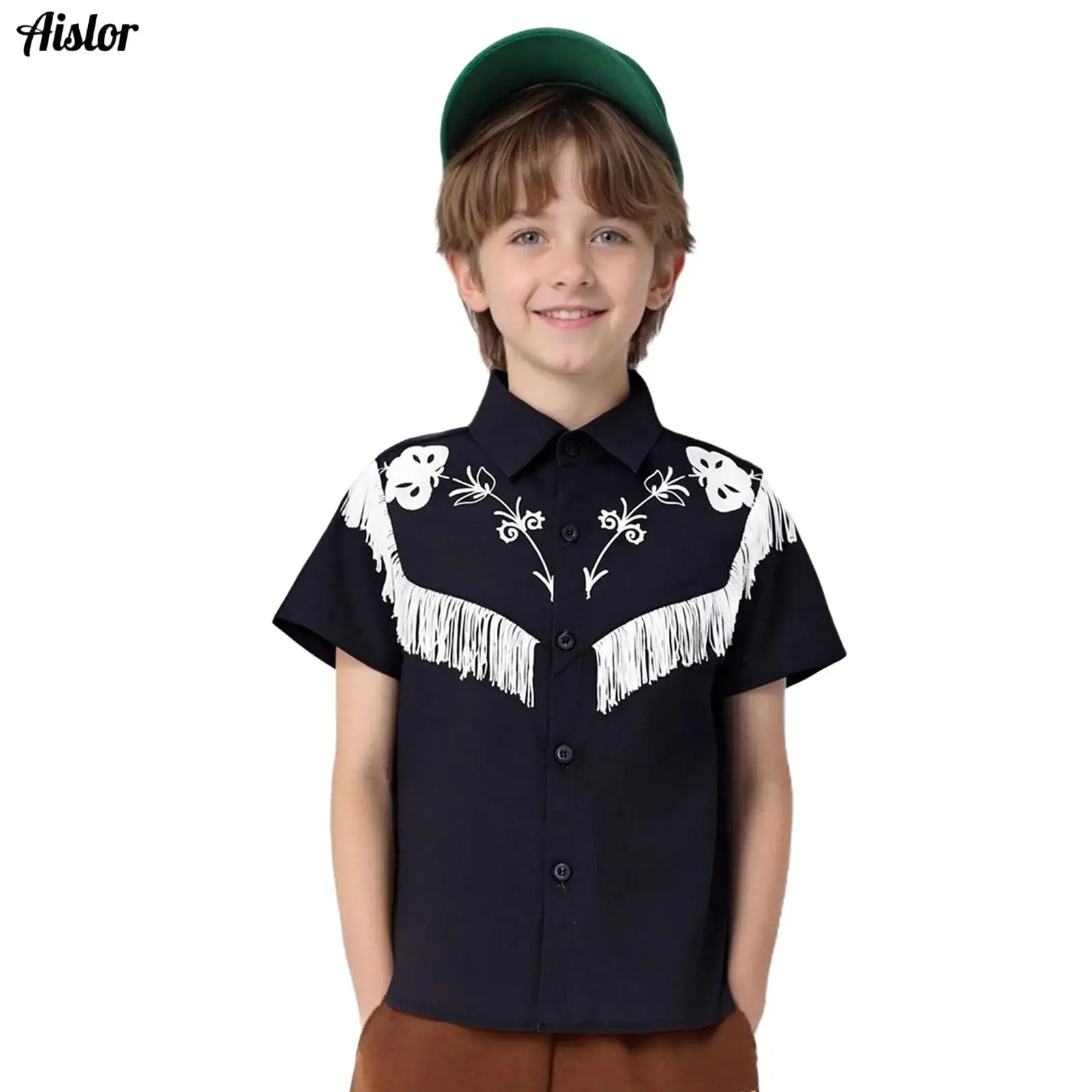 

Kids Boys Shirt Floral Print Fringed Turn-Down Collar Short Sleeve Button T-shirt Top for Birthday Party Dance Cowboy Dress up