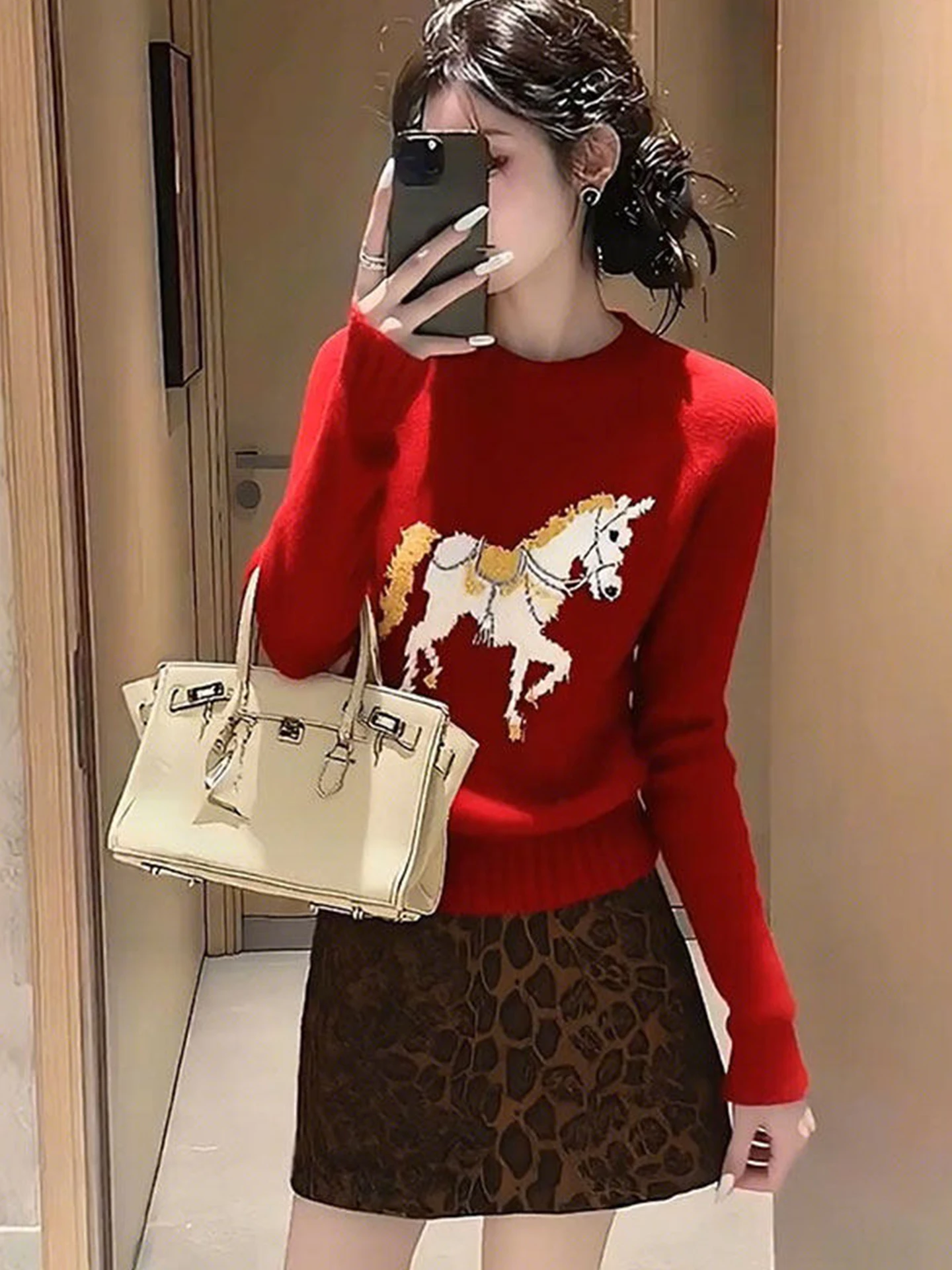 

Faionable Red Knitted Sweater Long Sve Pattern Winter Top Women's Comfortable Korean Sle Casual Wear