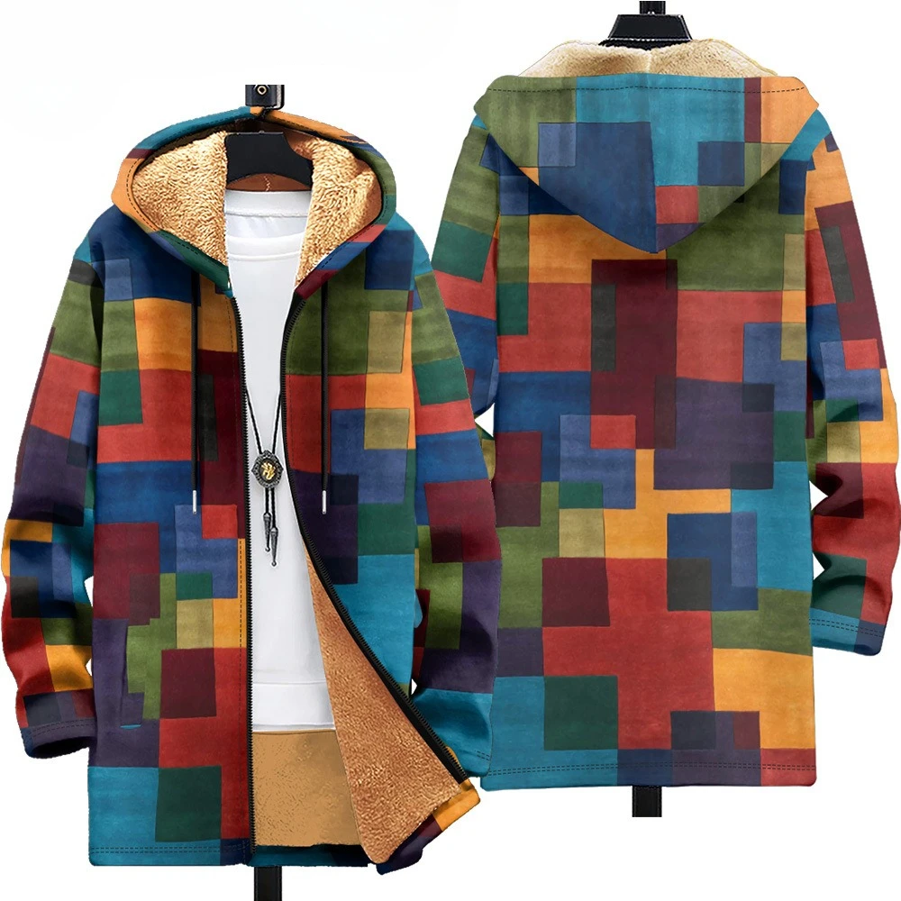 Men Cardigans Coats Geometric Stripe Square Printed Plush Thick Winter Abstract Art Graphics Jackets Casual Streetwear Clothing
