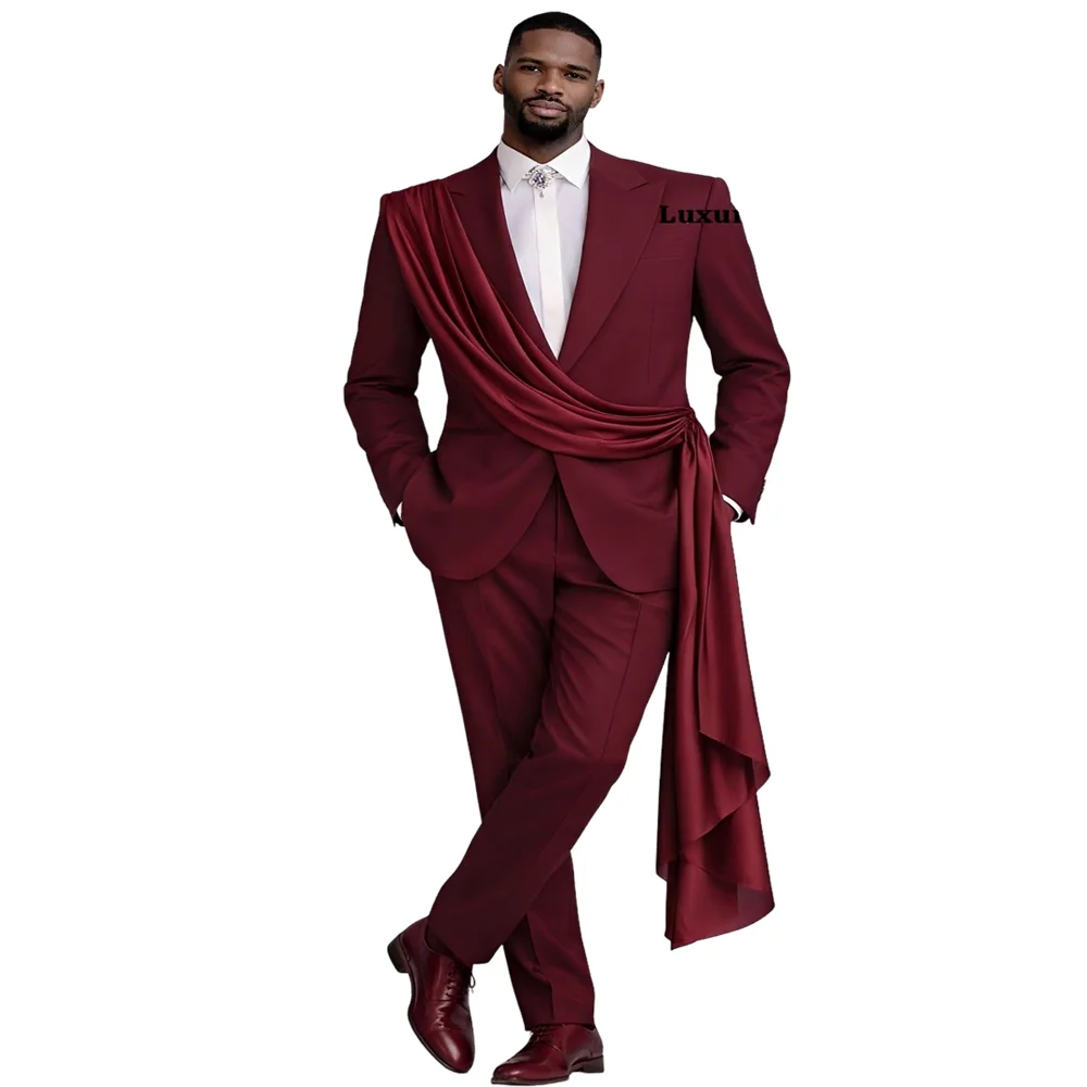

Burgundy Men's Two-Piece Suit Set, 2026 New Arrival, Blazer, Wedding Groom's Tuxedo, Unique Style Custom Outfit Suit for Men
