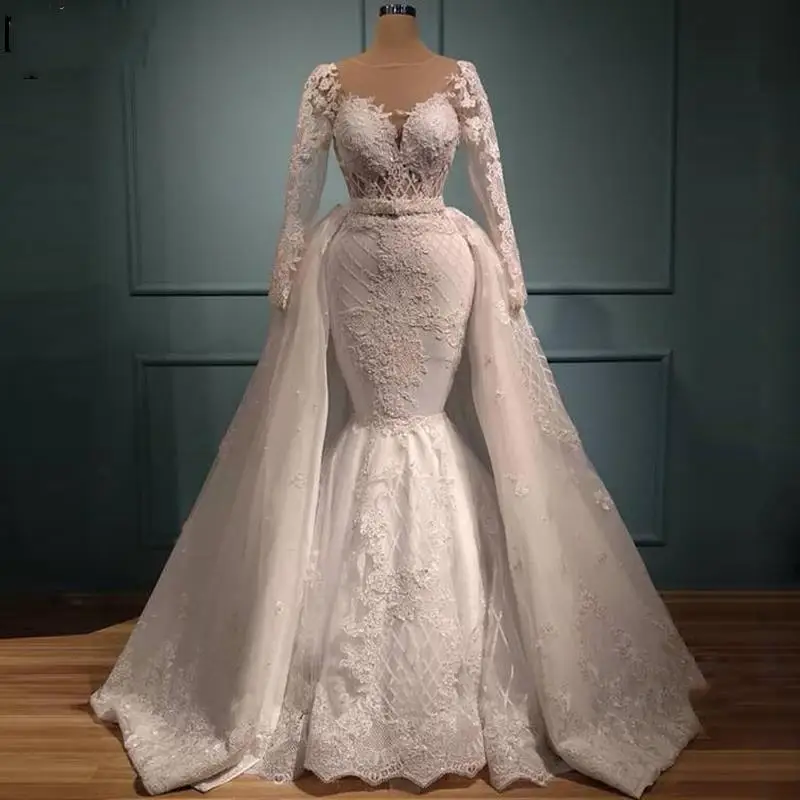 

Romantic Scoop Neck Lace Appliques Mermaid Wedding Dress with Detachable Train Robe De Mariée Long Sleeves Bridal Gown